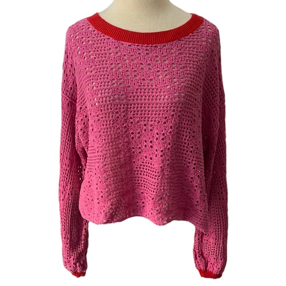 FP Free People  Pink Home Run Crochet Sweater Small